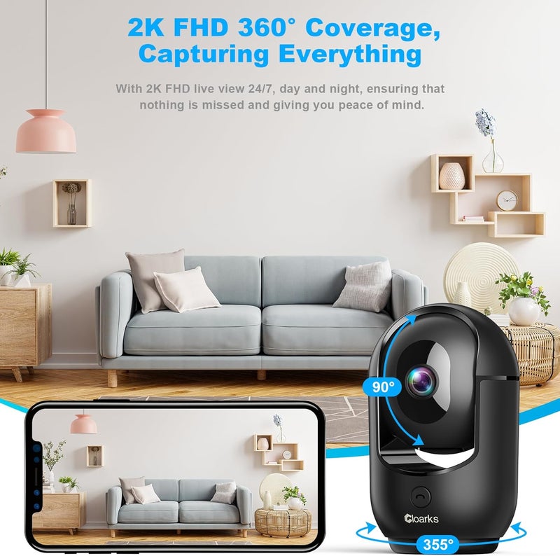 Cloarks 2K Pan/Tilt Security Camera, WiFi Indoor Cameras for Home Security with AI Motion Detection, Pet/Dog/Baby Camera with Phone App, 2-Way Audio, 24/7, Siren, TF/Cloud Storage，Black - Image 3